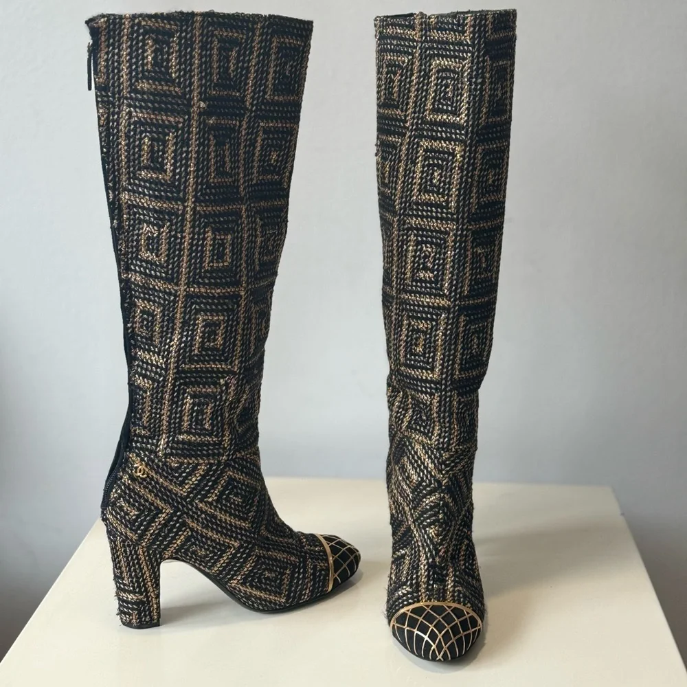 CHANEL Runway Byzantine Tweed Gold Cage High Boots 37 Pre fall 2012
